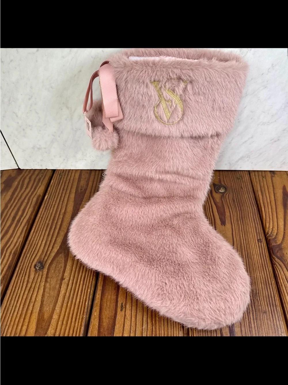 Victoria's Secret BIG Plush Faux Fur Christmas Stocking in blush pink/mauve NWT
